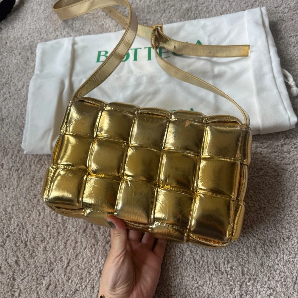 [Sold] BV Mirror Lambskin Intreccio Padded Cassette Crossbody Bag in Gold - Picture 6 of 14